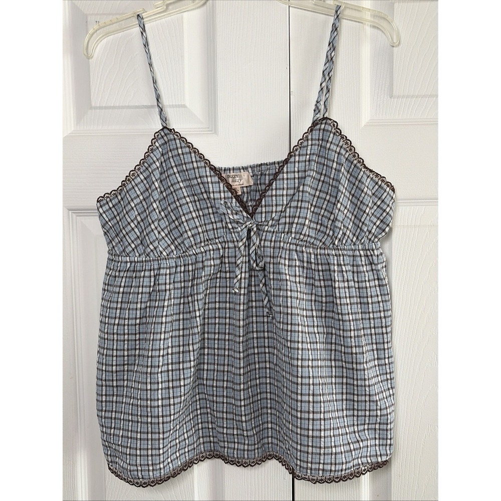 Dizzy Lizzy Plaid Babydoll Camisole Womens Size XL Blue Brown Cotton Lace Y2K